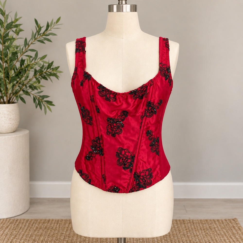 Vintage Frederick's of Hollywood Red Satin Corset Bustier Black Floral Lace M/36